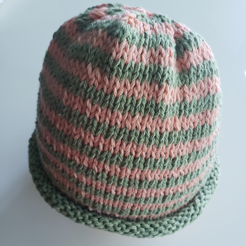 Glow-in-the-dark Striped Handknit Cotton Kids Beanie -sage and coral